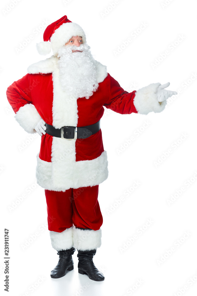 santa claus in red costume presenting something isolated on white