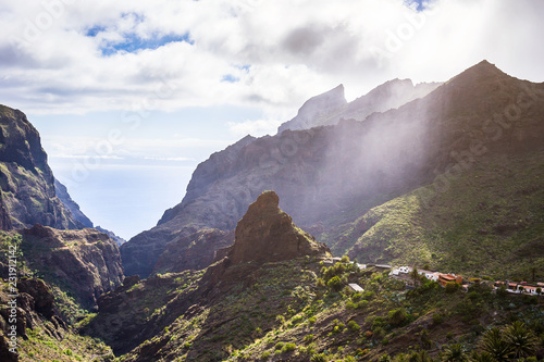 Mountain Landscape of the Masca Gorge. Beautiful views of the coast with small villages in Tenerife, Canary Islands