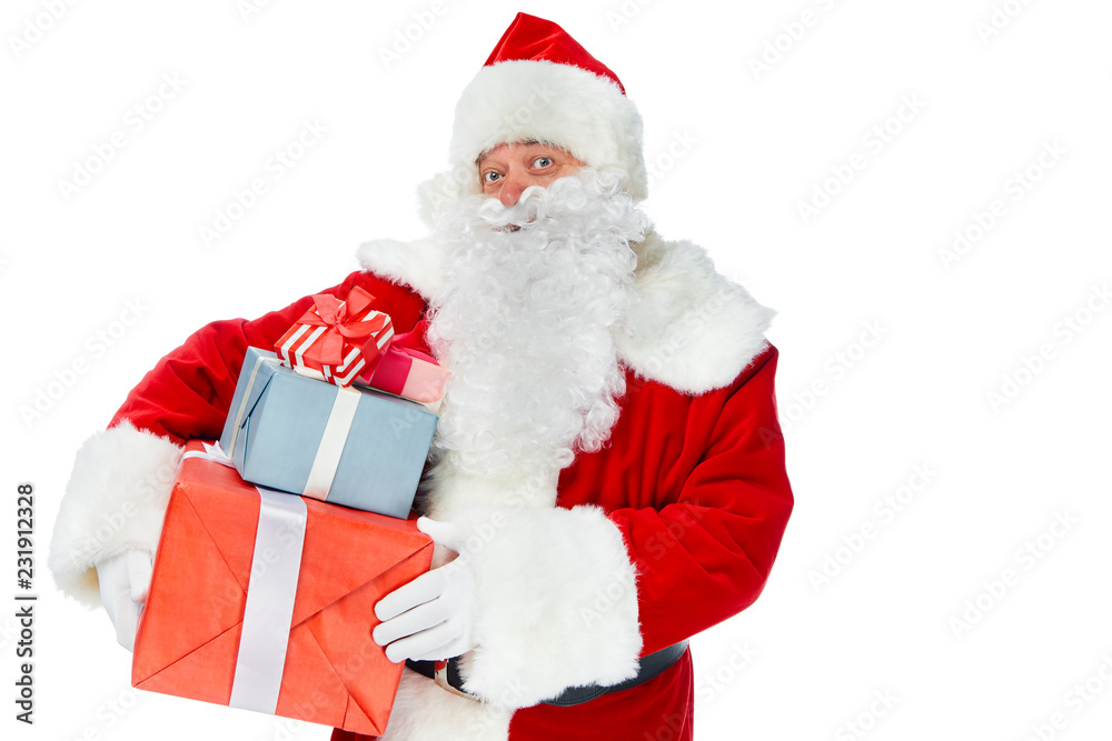bearded santa claus with christmas presents isolated on white bearded santa claus with christmas presents isolated on white