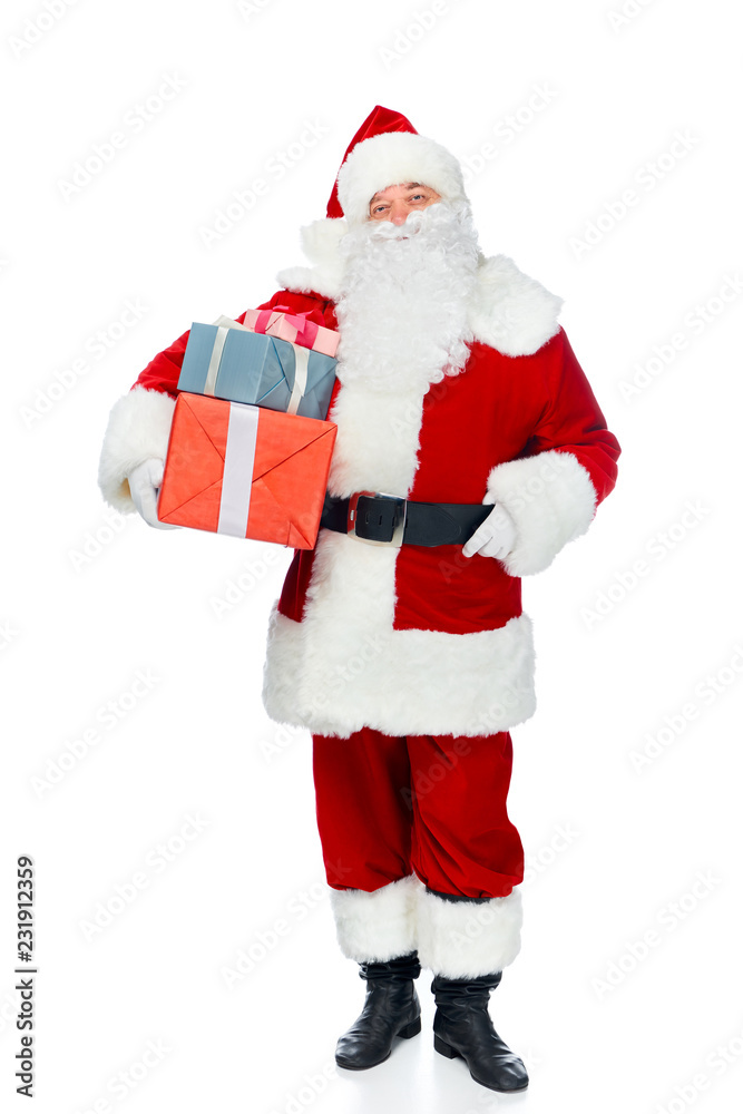 santa claus in red costume with christmas gifts isolated on white