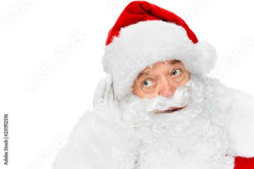 bearded santa claus listening something isolated on white