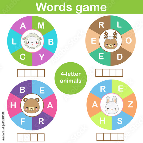 Educational game for children. Word search wheel puzzle kids activity. Learning vocabulary animals theme