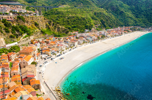 Aerial top view of sandy beach Tyrrhenian sea, Scilla, Southern Italy