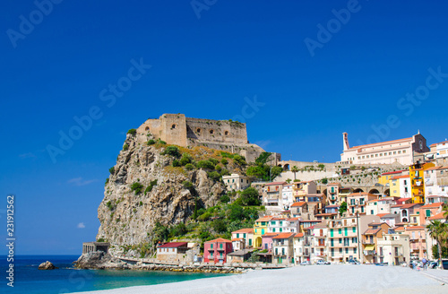 Beautiful town Scilla with medieval castle on rock, Calabria, Italy photo