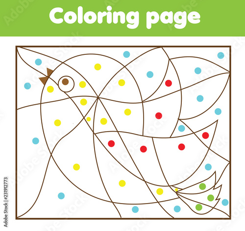 Children educational game. Coloring page with bird. Color by dots printable activity