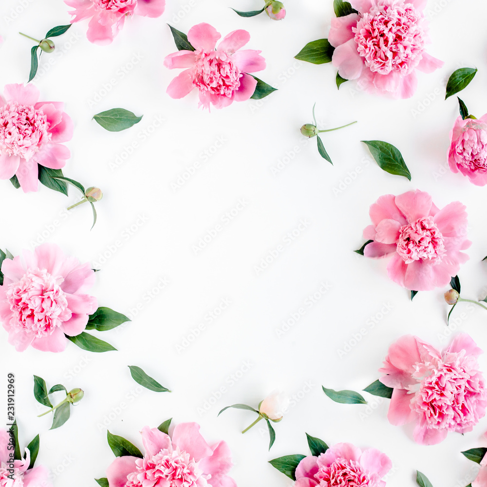 Frame of pink peony flowers with space for text on white background. Peony texture. Flat lay, top view. Frame of pink peony flowers with space for text on white background. Peony texture. Flat lay, top view.