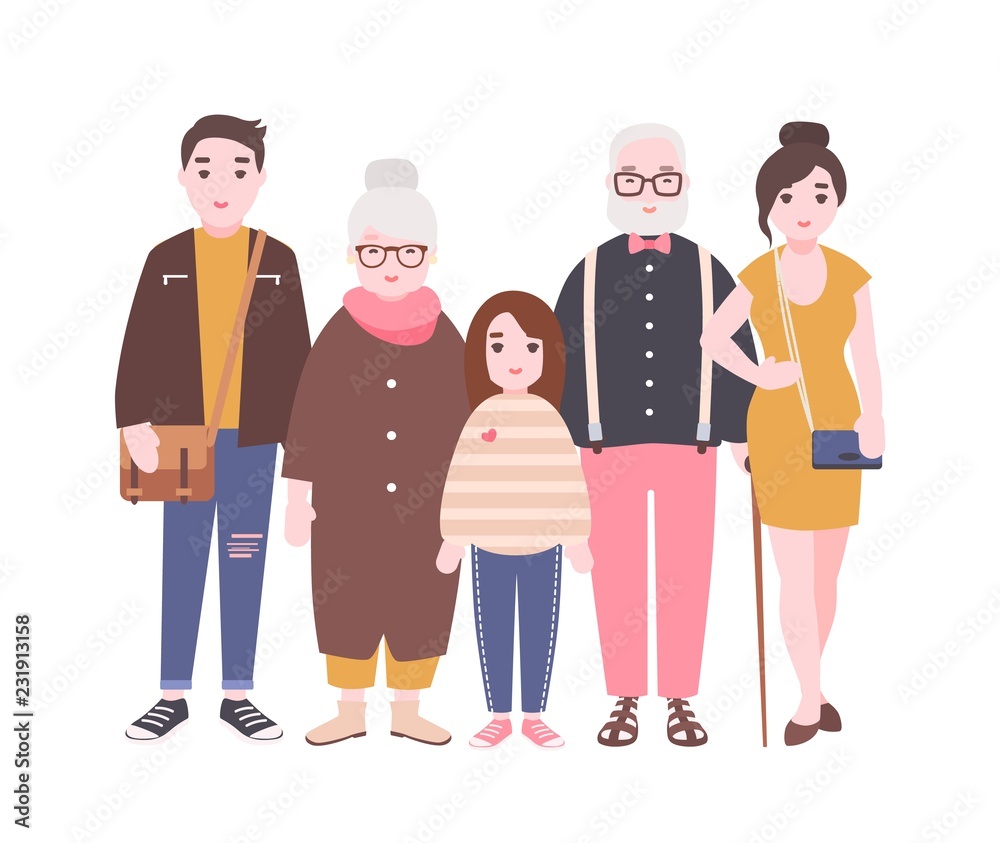 Happy family with grandfather, grandmother, father, mother and child girl  standing together. Cute funny cartoon characters isolated on white  background. Colorful vector illustration in flat style. Stock Vector |  Adobe Stock