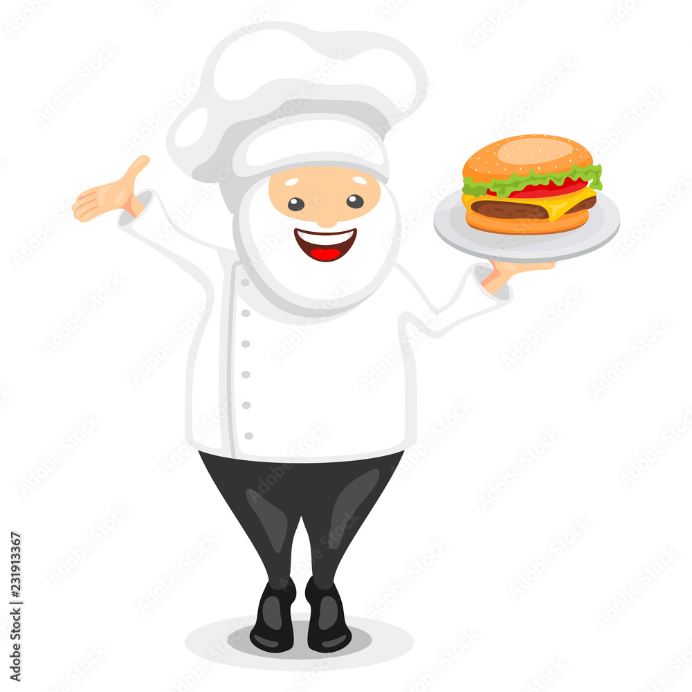 Cute chef character. Funny cook in white hat holding burger on a tray. Vector illustration in cartoon style. Cute chef character. Funny cook in white hat holding burger on a tray. Vector illustration in cartoon style.