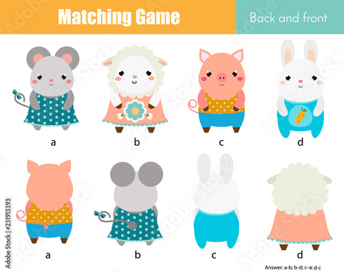 Matching game. Educational children activity with cute animals. Learning back and front