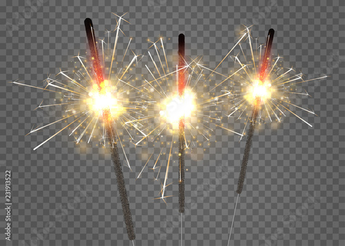Sparkling bengal lights on transparent background for Christmas and New Year decoration.