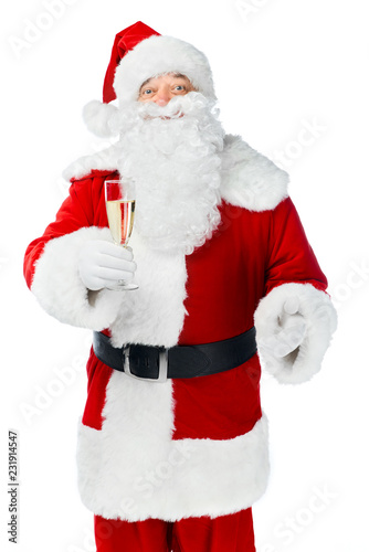 santa claus celebrating christmas with champagne glass isolated on white
