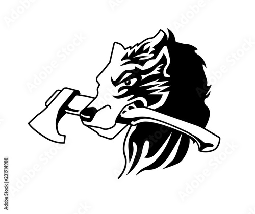 Wolf and Ax Head Logo Emblem