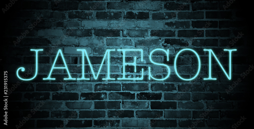 Obraz premium first name Jameson in blue neon on brick wall