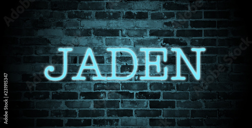first name Jaden in blue neon on brick wall photo