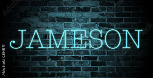 first name Jameson in blue neon on brick wall