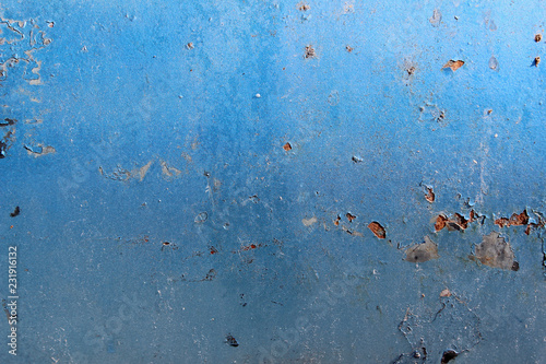 Rusty corroded blue painted metal surface close up detail © robot recorder