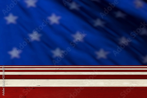 Display montage space / wooden table surface in American flag style.