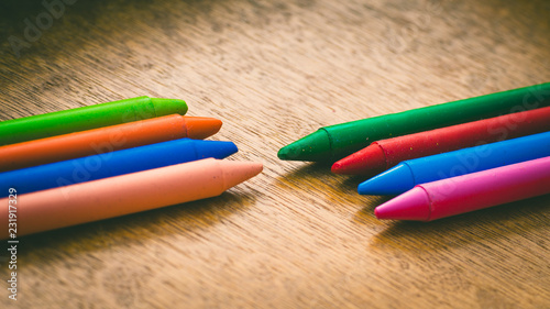 Crayon tips close-up. Shallow depth of field for dreamy impressional feel. Rainbow crayons photo