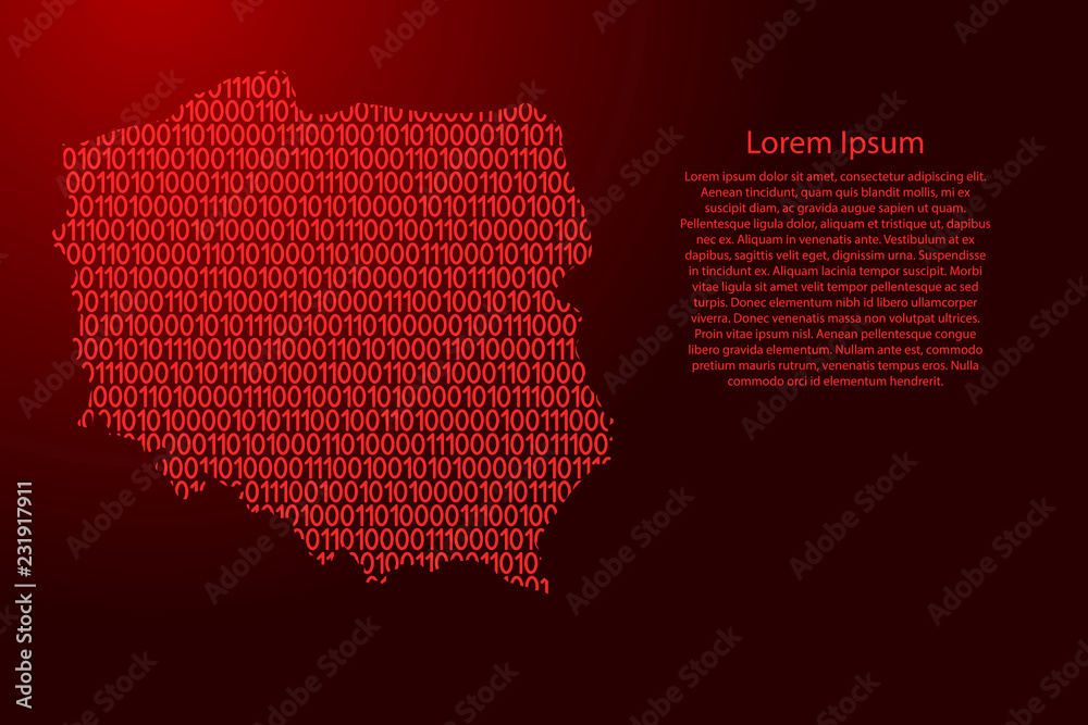 Poland map map abstract schematic from red ones and zeros binary digital code for banner, poster, greeting card. Vector illustration.
