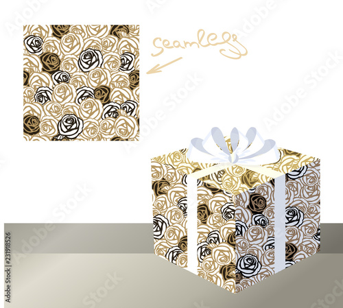Gift wrapping design and sample texture fill pattern. Isometric box template with example of usage, pattern in swatches. Wrapping paper Pattern for wedding invitations, cards, wallpapers
