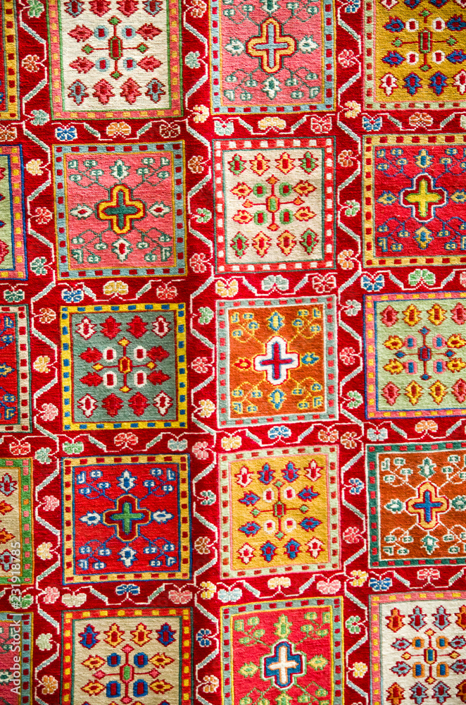 Colorful traditional georgian carpet closeup  in Tbilisi, Georgia