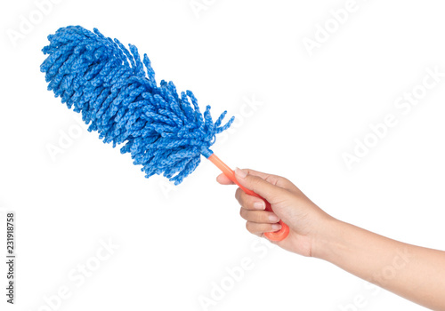 hand holding Blue duster microfiber for cleaning the house isolated on white background