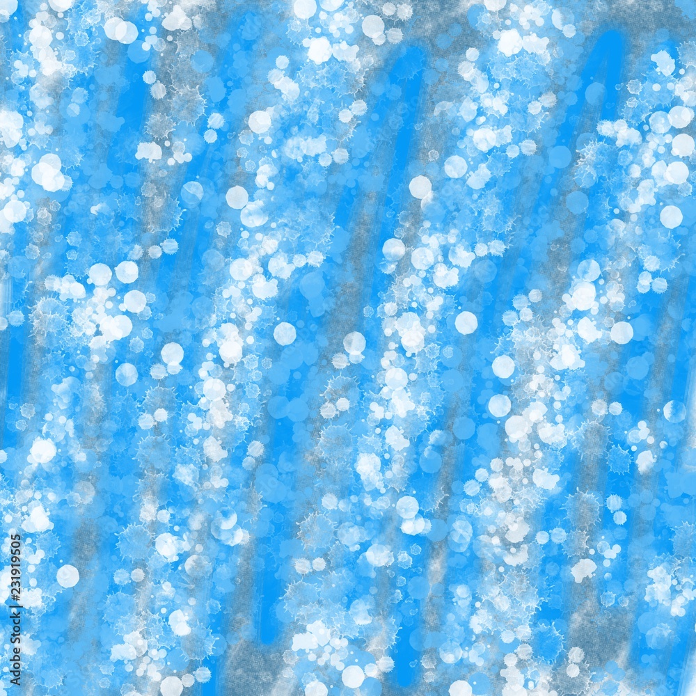 Blue background with colorful stain paints, snow effect. Glowing snowflakes, little round splashes. Rain. Abstract festive design for banners, wrapping paper, textile, fabric, wallpapers, patterns.