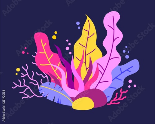Vector illustration of the seaweed, corals and underwater plants in cartoon s...