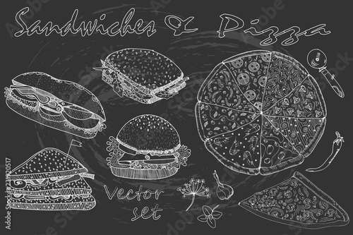 Chalk style hand drawn sandwiches and pizza elements. Vector collection