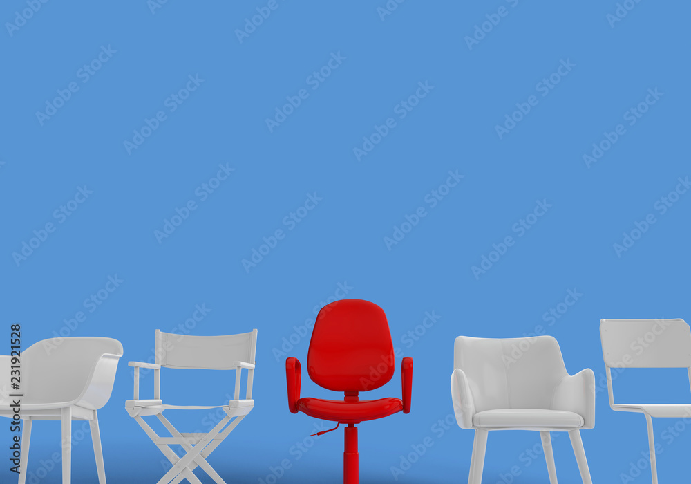 Obraz premium Row of chairs with one odd one out. Job opportunity. Business leadership. recruitment. 3D rendering