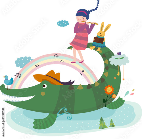 crocodile and playing pipe girl