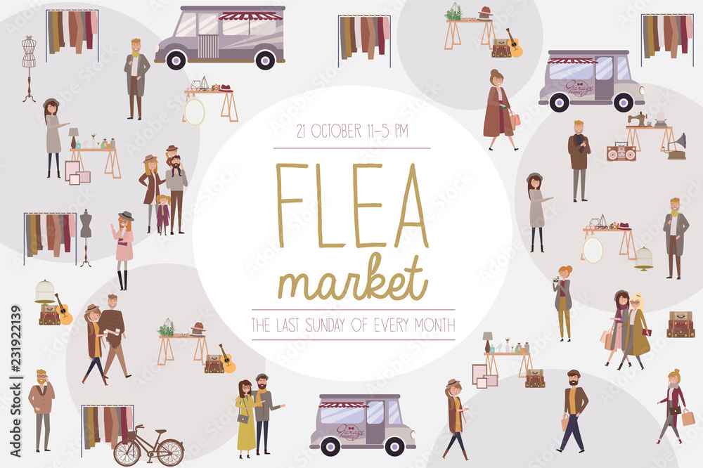 Flea market poster with people selling and shopping at walking street, vintage clothes and ...