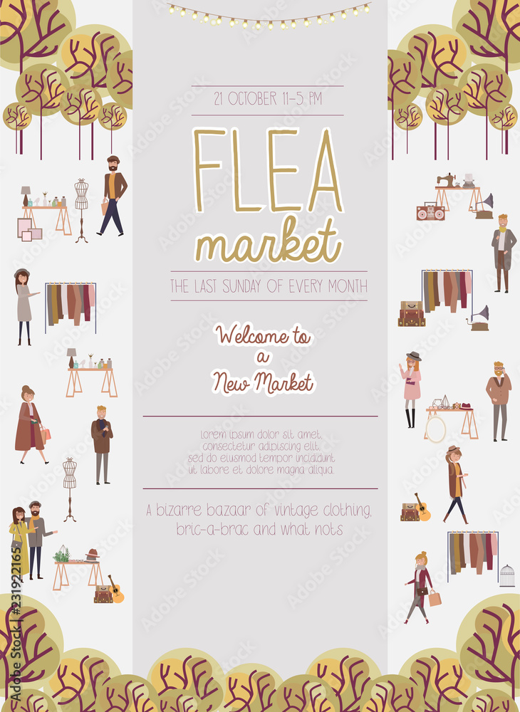 Flea market poster with people selling and shopping at walking street, vintage clothes and ...