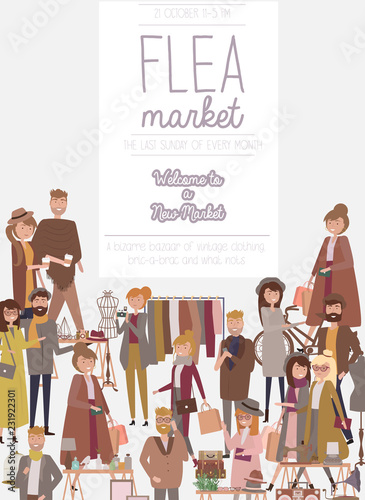 Flea market poster with people selling and shopping at walking street, vintage clothes and accessories shop, cartoon flat design. Editable vector illustration