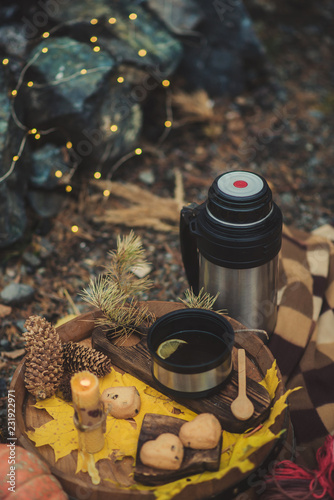 Autumn picnic by the fire in nature: coffee pot, waffles, fire, stylishly served in the style of hugge.