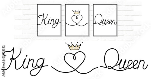 King love Queen written black ink on white pure paper. Lines connected to little heart.  Couple design decoration with crown.  Minimal vector wedding logo. Canvas printing. Gift for Valentine's Day