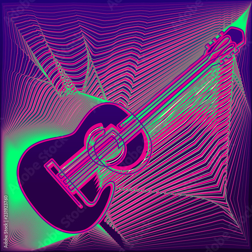 Vector poster with multicolor acoustic guitar, bright lines, the inscription live music and place for text on abstract background.