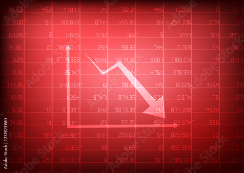 Vector : Decreasing stock board with arrow and business graph on red background