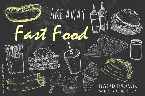 Hand drawn fastfood. Chalk style graphic vector set