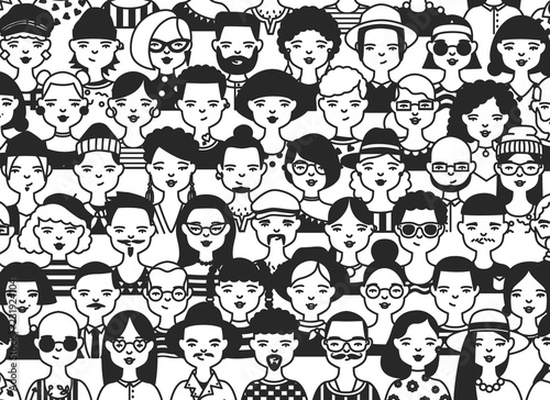 Horizontal backdrop with faces or heads of different people. Background with fashionable men and women hand drawn in black and white colors. Modern monochrome vector illustration in doodle style.