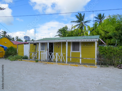 La Romana, Dominican Republic - December 28, 2014: houses on the beach of a small village of a typical tropical island of the caribbean