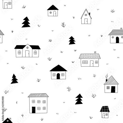 Sketchy houses seamless pattern. Doodle town background.
