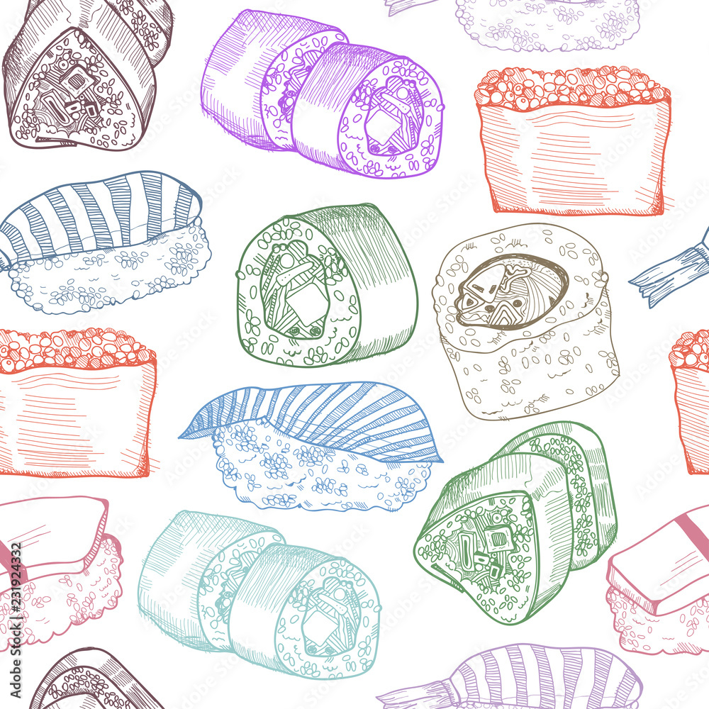 Hand drawn sushi and rolls. Colored graphic vector seamless pattern