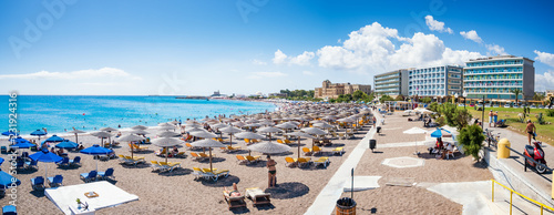Elli beach with sunshades, sun beds and hotels in city of Rhodes, Panorama (Rhodes, Greece)
