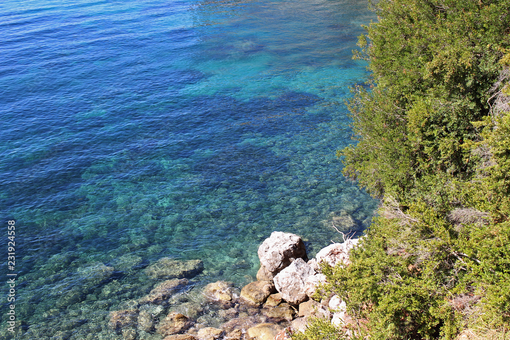 Water sea surface texture calm clean clear summer nobody turquoise blue crystal rocks trees beach wild background wallpaper skopelos island greece