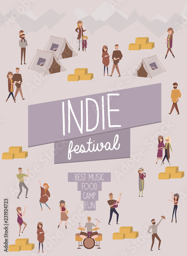 Indie festival poster with people walking, buying meals, taking photo, talking to each other, fun and dance, watch the performance, cartoon flat design. Editable vector illustration