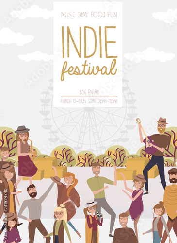 Indie festival poster with people walking, buying meals, taking photo, talking to each other, fun and dance, watch the performance, cartoon flat design. Editable vector illustration