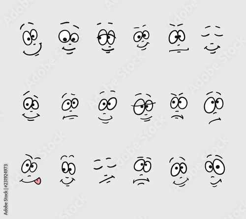 Cartoon faces emotions. Set of different hand drawing funny sad crazy stupid drowsy faces.