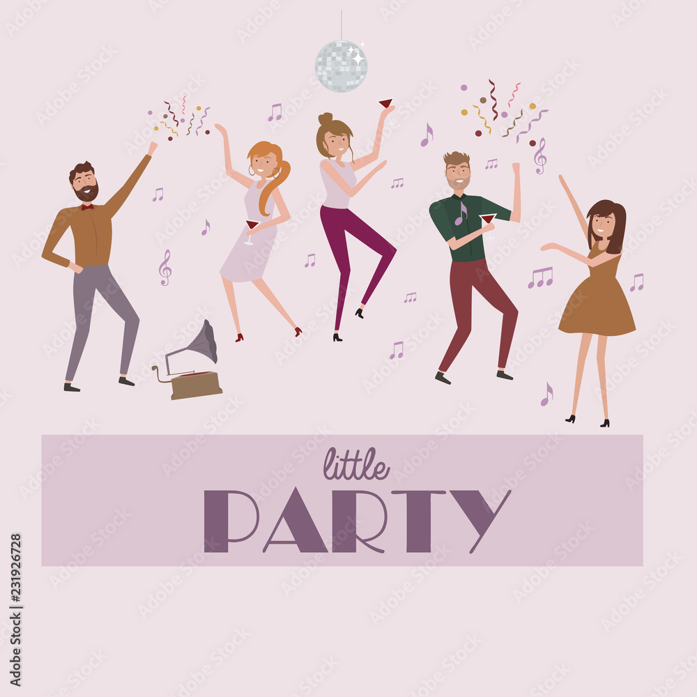 People celebrating poster. Laughing and dancing young people at party. Funny cartoon style with men and women. Editable vector illustration