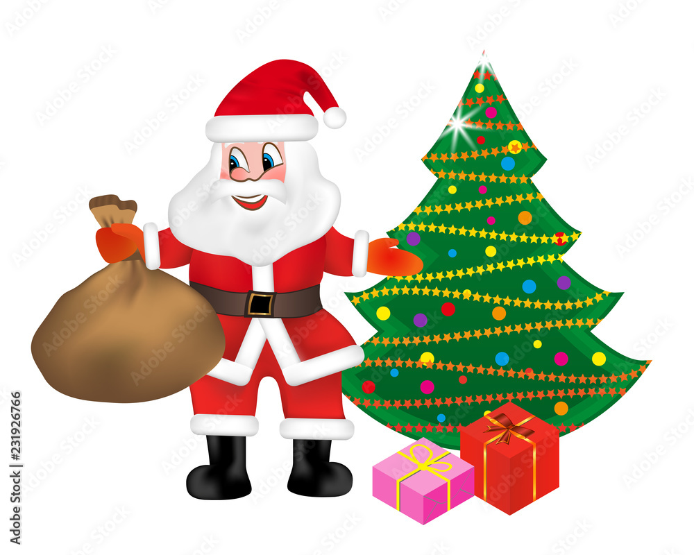Santa Claus with a bag keeps full of gifts and Christmas tree isolated on white background. Vector illustration. Santa Claus with a bag keeps full of gifts and Christmas tree isolated on white background. Vector illustration.